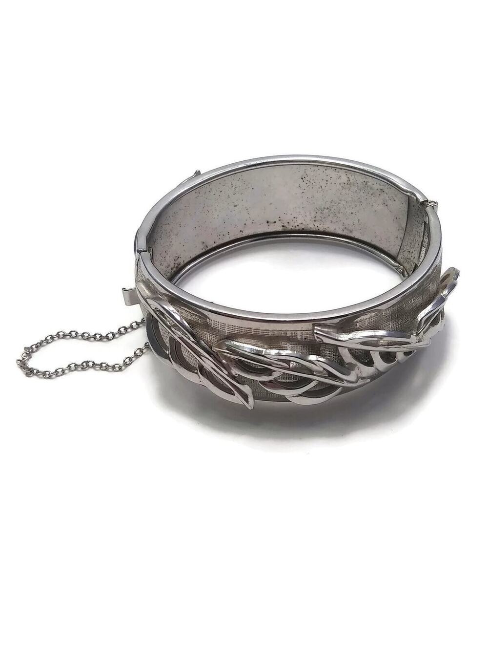 VTG Whiting and Davis Clamper Bracelet, Silver Tone Leaf Design Clamper Bracelet